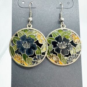 Vintage Enamel Cloisonne Flower Round Dangle Earrings Asian Chinoiserie